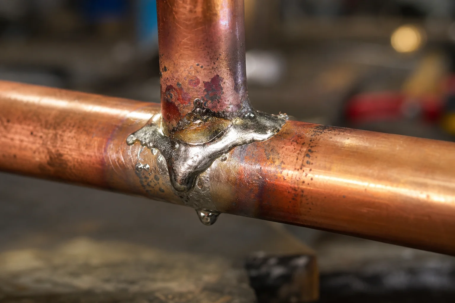 Copper fittings and Sterling wire on a plumber workbench