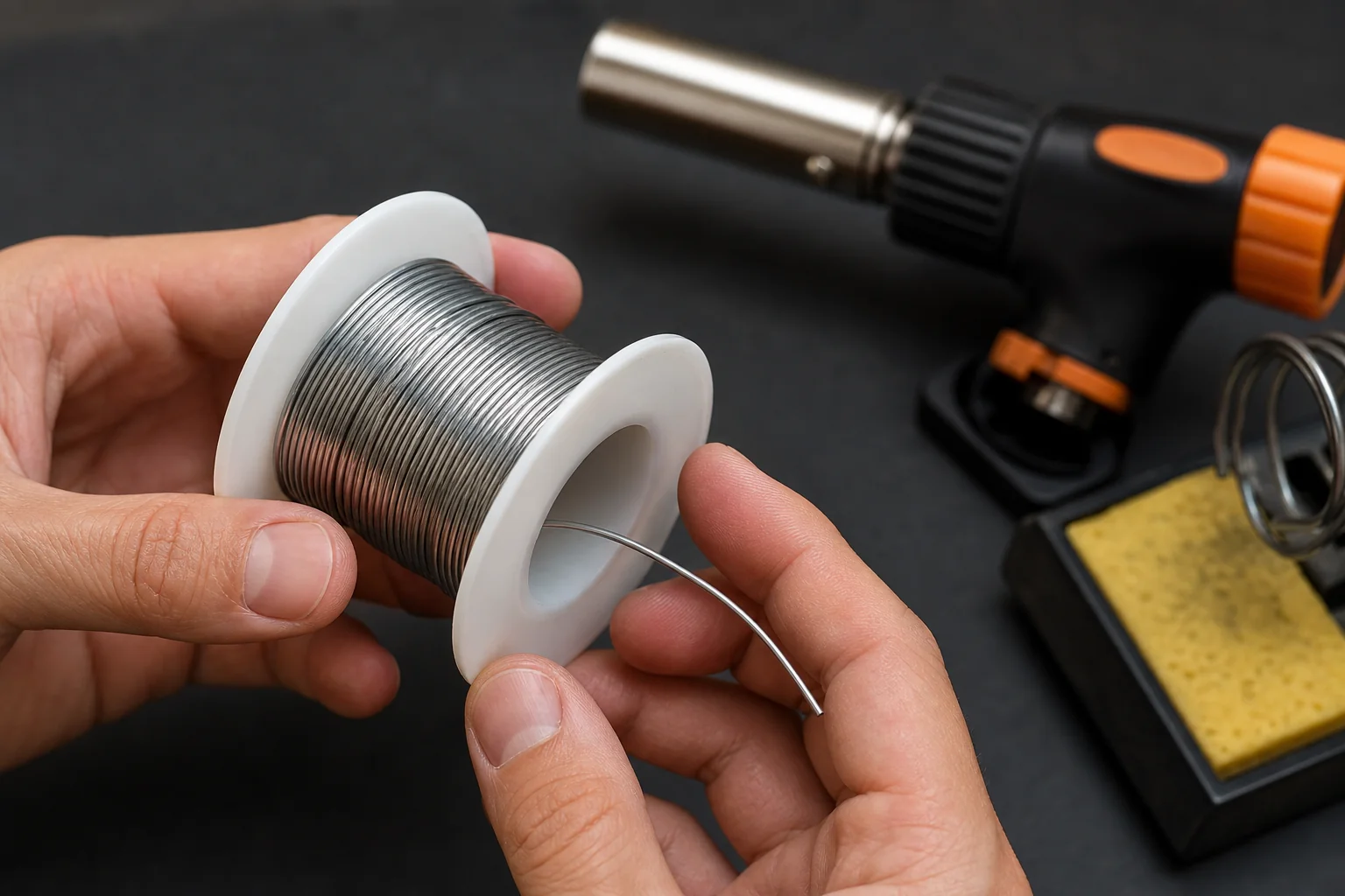 Artisan holding Sterling Solder wire spool in metal workshop